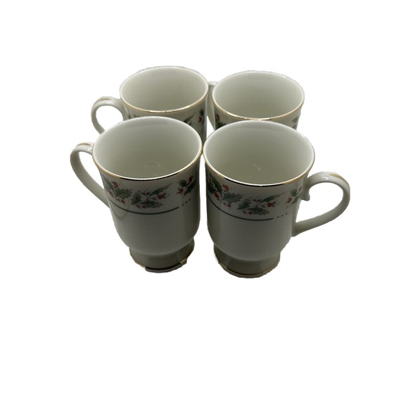 Vintage Set of 4 Irish Mugs Brand New In Box. Pedestal Base Holly & Berries. - Picture 4 of 9